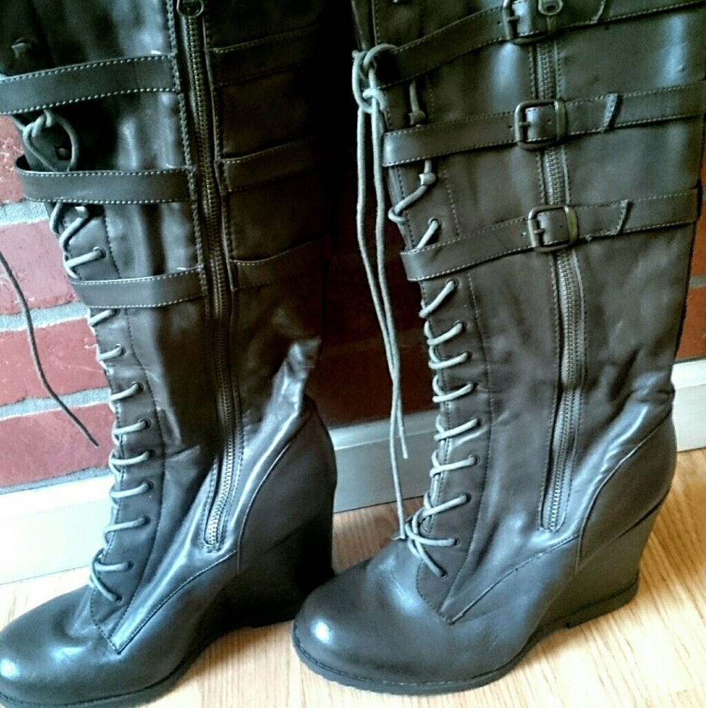 Mia Lace Up Wedge Knee High boots
